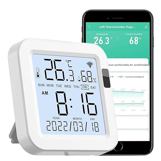 Smart WiFi Temperature Humidity Monitor: Tuya Wireless Temperature Humidity Sensor with APP Notification Alerts, WiFi Thermometer Hygrometer for Home Pet Garage with LCD Display, Compatible with Alexa