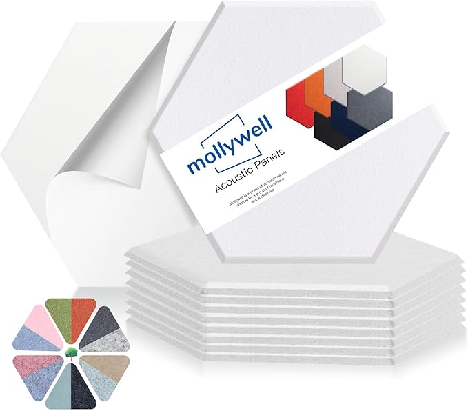 Mollywell Hexagon Acoustic Panels, High Density, Soundproofing, Decorative Noise Reduction Felt Wall Tiles for Ceilings, Home Office & Gaming Room (White), 14x12x0.4 Inch