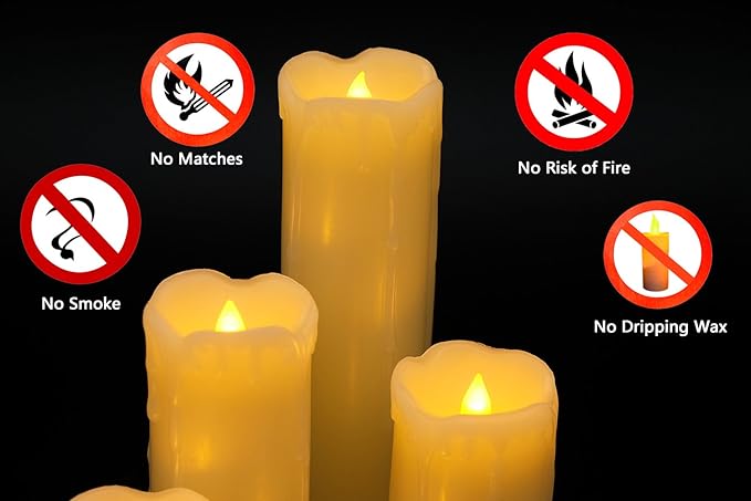 DRomance Flameless Flickering Candles Battery Operated(Battery Included) with 6 Hour Timer, Set of 6 Dripping Wax LED Pillar Candles Halloween Christmas Home Decor(Ivory, 2" D x 2"-9" H)