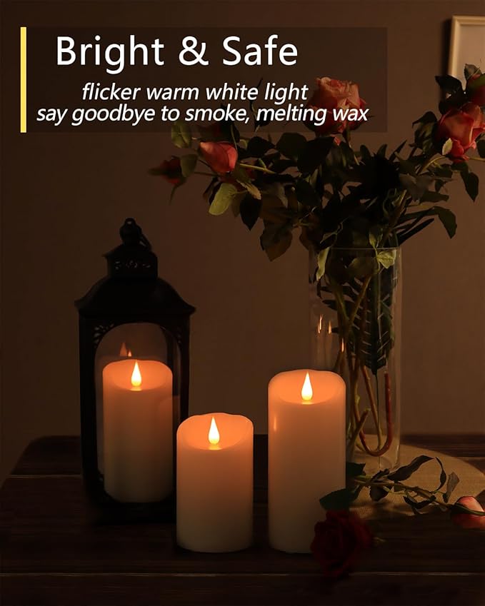 Flameless Candles Flickering 3D Moving Flame, Last 1000+ Hours Battery Operated Candles with Timer, Ivory Real Wax Electric LED Pillar Candles for Home Wedding Decoration | 3" x 5"