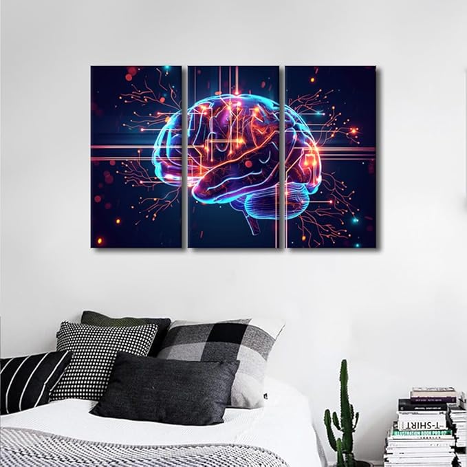 TUMOVO Artificial Intelligence, Cyber Security, Cloud Managed, Circuit Board Pictures Print on Canvas 3 Panel Canvas Wall Art AI Brain Cloud Networking Artwork Ready to Hang, 36" Wx24 H
