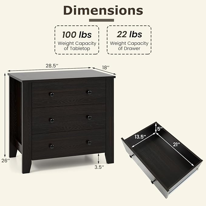Giantex Small 3-Drawer Dresser for Bedroom - 28.5” x 18” x 26” Wide Chest of Drawers, Modern Large Nightstand, Storage Cabinet, Closet Storage Organizer for Living Room, Hallway (Brown)