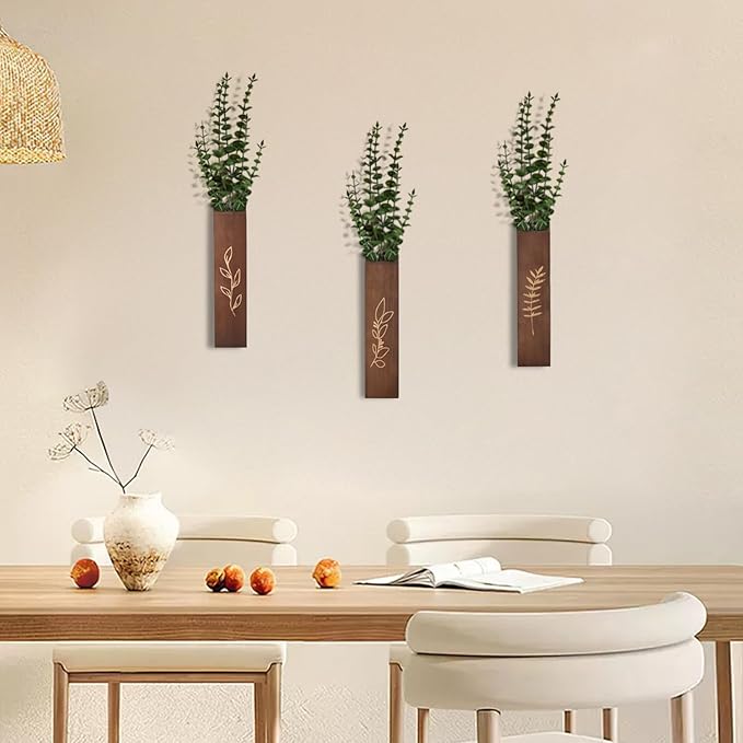 Wooden Wall Planter Set of 3 - Modern Home Decor for Living Room, Bedroom, Bathroom - Dark Brown Finish Planter for Dried Flowers, Faux Greenery, Indoor Plants