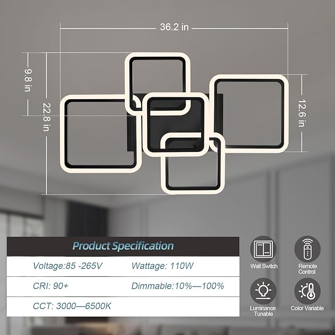 Modern LED Ceiling Light 5-Square Dimmable Black Flush Mount LED Ceiling Light with Remote for Living Room