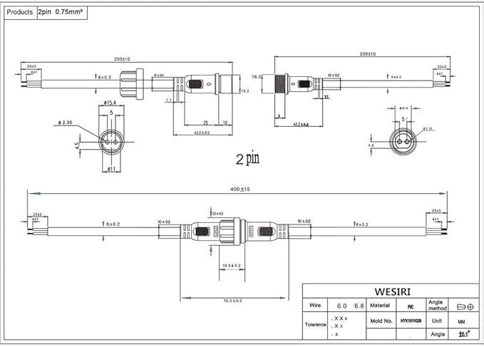 5Pairs 2pin Black Electrical Connector LED Connector for LED Lights 20cm Extension Cable 40cm/Pair 0.75mm² 22mm Nut