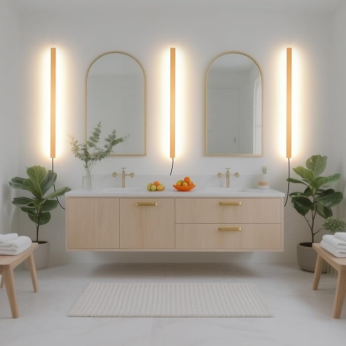 Modern Plug in Long Wall Sconce, 39" Gold Matte LED Wall Lights, 20W Warm White 3000K Acrylic Indoor Wall lamp, with 59" Plug Cable for Bedroom, Living Room, Hallway
