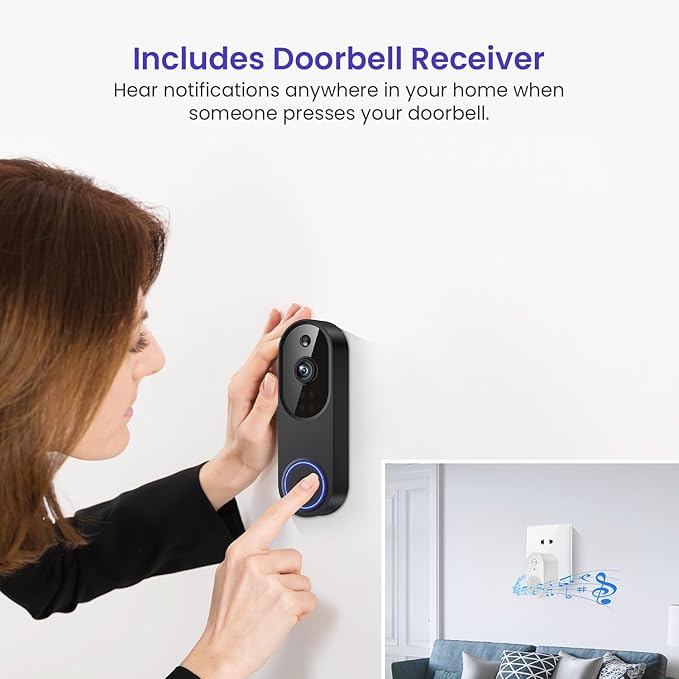 1080p Smart Wi-Fi Doorbell Camera with Doorbell Receiver, AI Motion Detection, Night Vision, Cloud Storage, 2 Way Audio, Battery Powered, 2.4GHz Wi-Fi Only