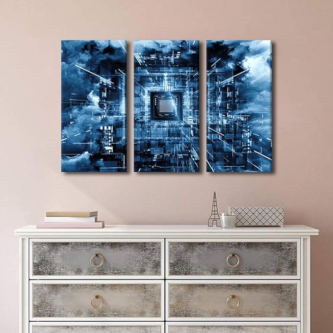 3 Pieces Canvas Prints Wall Art CPU Concept Modern House Decor Computer Chip Poster Canvas Wall Art Electronic PC Living Room Bedroom Decoration Artwork Painting Framed Ready to Hang(24"Wx36"H)