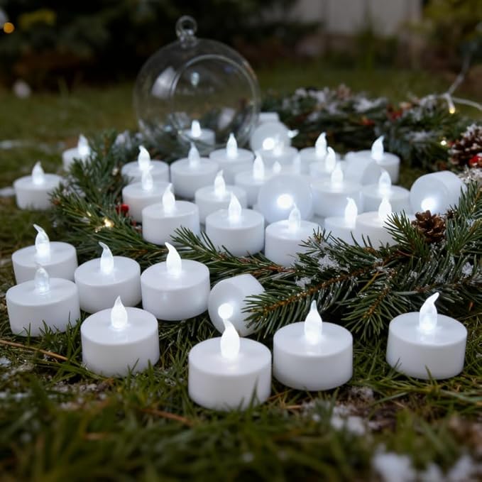 YIWER 50pcs Flameless Tea Lights Candles Realistic LED Flickering Operated Pumkin LED TeaLights Candles Long Lasting Electric Fake Candles Decoration for Party and Gifts Ideas