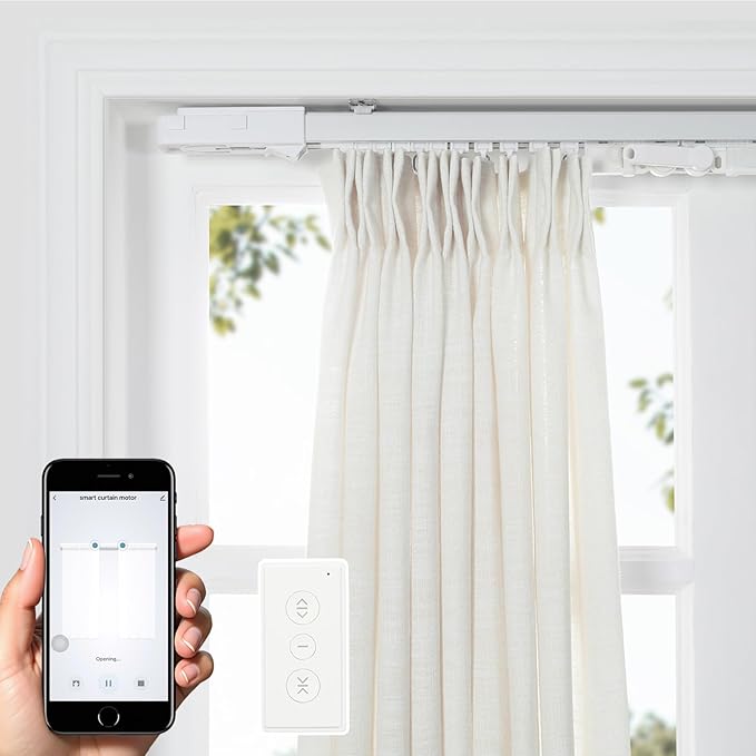 TWOPAGES Solar Powered Smart Curtain Track for Ceiling Mount and Wall Mount, 200 Inches Wide Electric Curtains Rail System Compatible with Google, Alexa App, Remote Control