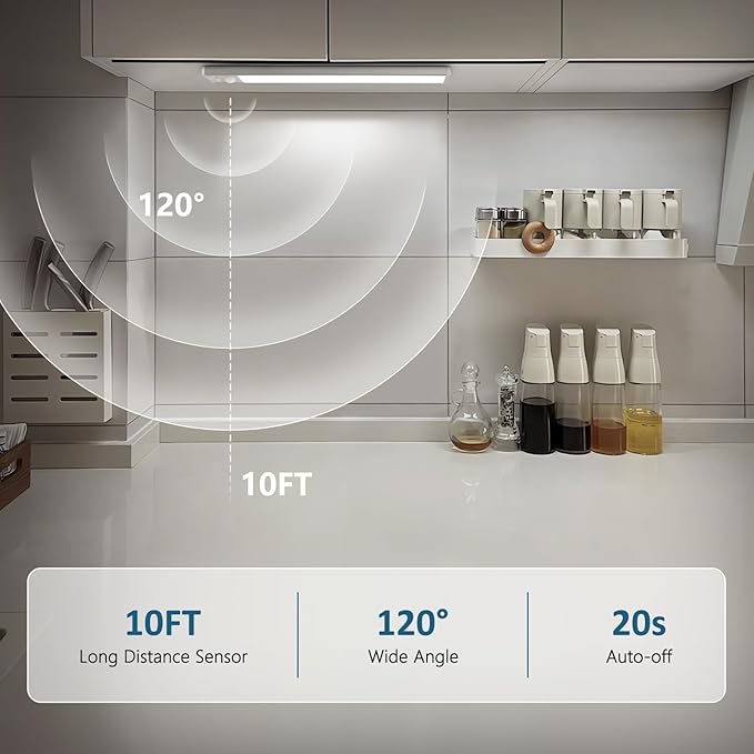 Ascher 10.2inch Under Cabinet Lights, 2000mAh Rechargeable Motion Sensor Light indoor, 3 Color Temperatures & Stepless Dimmable Closet Lights, Magnetic Under Counter Light for Kitchen, Silver - 2 Pack