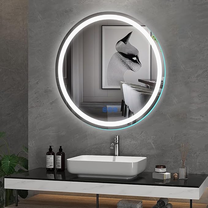 24” Circle LED Bathroom Mirror Round LED Mirror Bathroom Vanity Mirror with Lights Wall-Mounted Front & Backlit,Stepless Dimming,Smart Memory Touch,Anti-Fog,Shatterproof for Modern