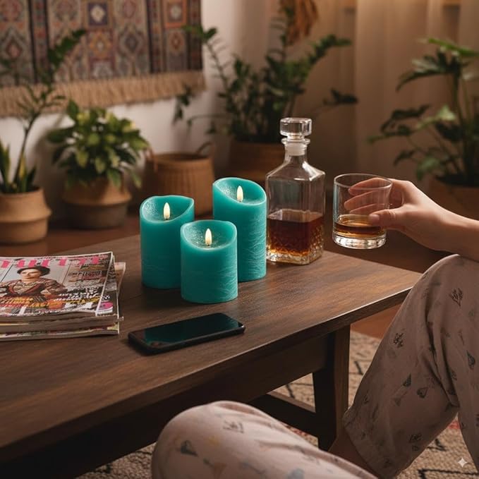 VENTA Turquoise Real Wax Flameless Candles, Set of 3 | Realistic Teal LED Pillar Candles with Remote & Timer | Perfect for Coastal, Beach House & Nautical Decor