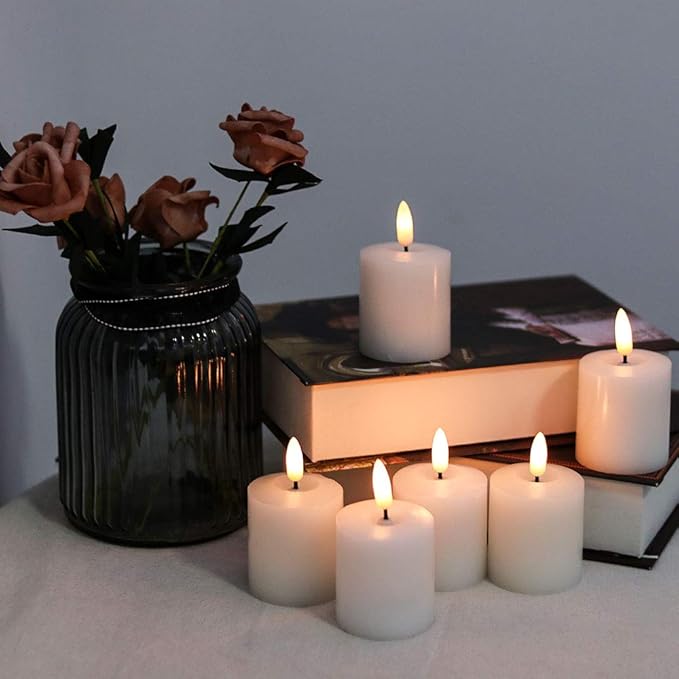 Eldnacele Flameless Flickering Votive Candles with Timer, Battery Operated Real Wax Realistic Black Wick LED Pillar Candle D2” x H3” Set of 6 White(Battery Included)