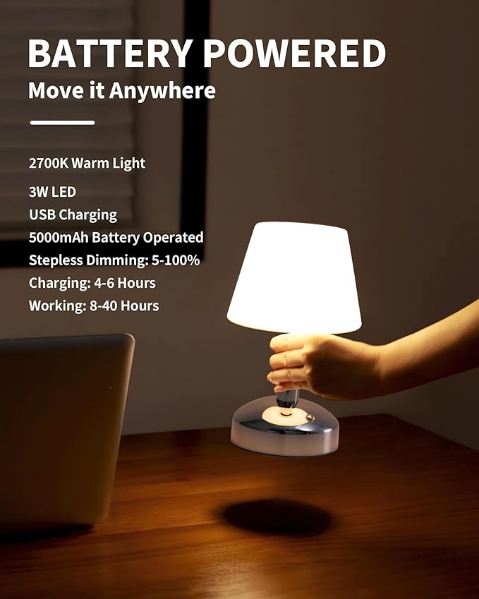 KDG Modern Cordless Small Table Lamps, Outdoor Portable Shower Waterproof LED Dimmable Desk Lamp, 5000mAh Rechargeable Battery Operated Light for Restaurant, Bedroom, Bathroom, Night Light (Silver)