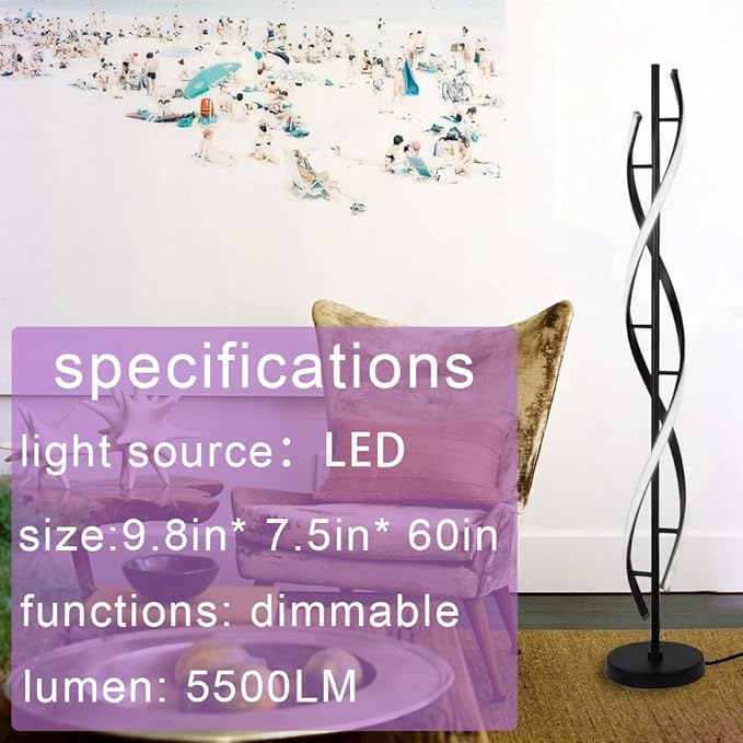 ADISUN 40W LED Floor Lamp Remote Control Dimmable Spiral Floor Lamp Indoor Tall Lamp Floor Lamps for Living Rooms Family Rooms Bedrooms Offices Lighting (Black)