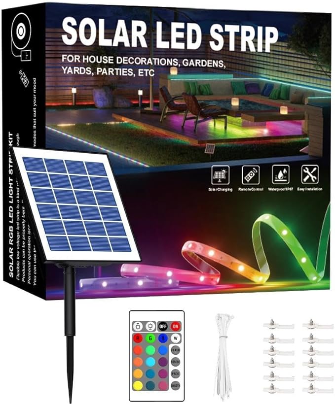 Upgraded Outdoor Led Strip Lights Waterproof, 50ft RGB Solar Led Strip Lights Outdoor with Self-Adhesive, Auto On/Off 16 Colors and 4 Modes with Remote Timer Great for Patio, Pathway Decor