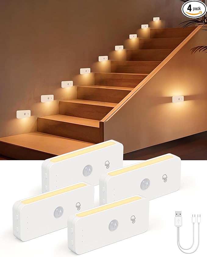 Yiliaw Motion Sensor Night Lights Indoor - Rechargeable Stick-On Stair Lights with Wireless Magnetic Mount, Adjustable Brightness & 3 Color Temps for Hallway, Stairway, Bathroom, Closet (4-Pack)