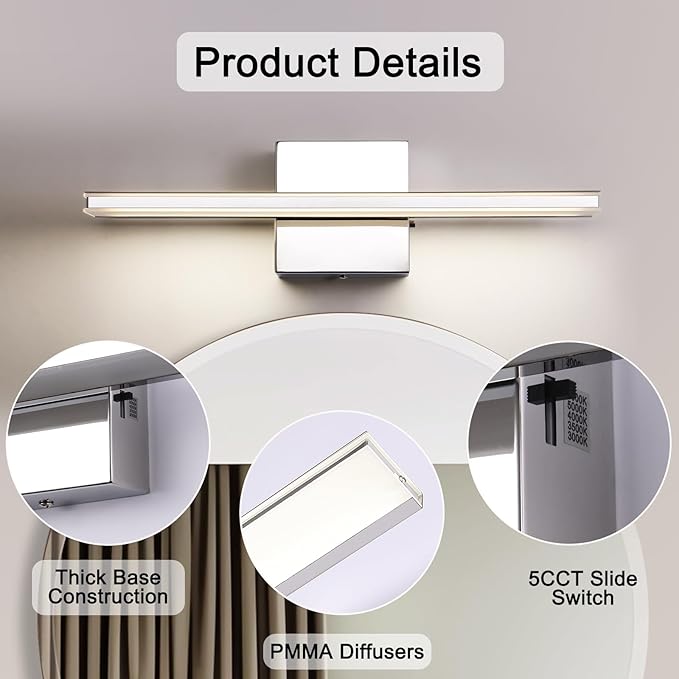 Modern Bathroom Vanity Light 15.7 inch 12W Dimmable 5CCT Led Bath Lights Fixture Over Mirror, Chrome Vanity Light for Bathroom Mirror Cabinets