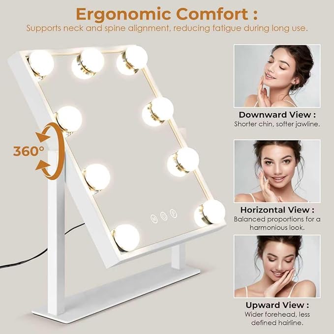 Vanity Mirror with Lights, Makeup Mirror with 3 Lighting Modes, Light Up Mirror with Touch Sensor, AC-Powered, 360 Rotatable, Metal Frame, with Detachable 10X Magnifying Spot Mirro, 14.1"