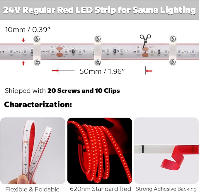 DC24V 630nm Red LED Strip for Sauna Lighting, Flexible Cuttable Dimmable Long 5m 16.4ft 600 LEDs Heat-Resistant IP68 Waterproof Chromotherapy Sauna Light Tape (Ordinary Red)