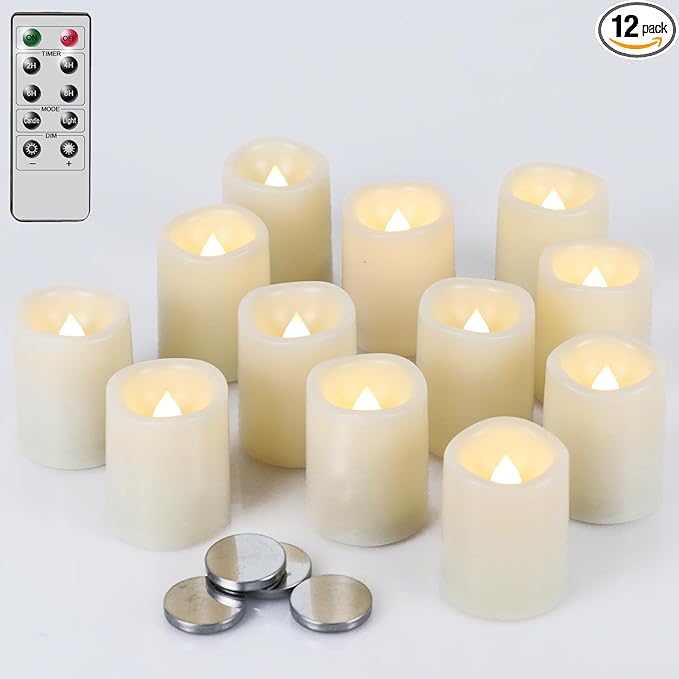 DRomance Flameless Flickering LED Votive Candles Remote and Timer, Battery Operated Tealights Battery Included, Amber Yellow Light 1.5 x 2 inch Set of 12 for Christmas Decoration
