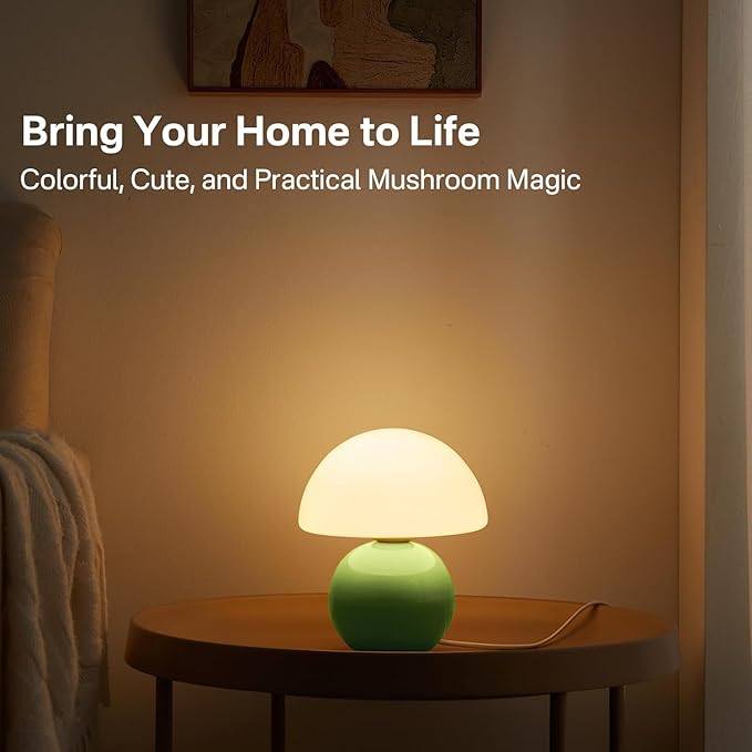 Mushroom Lamp Table Lamp for Bedroom,Desk Bedside Small Lamps for Living Room Night Stands,Mushroom Decor Cute Mini Modern Mid Century Lamps,Unique Aesthetic Home Living Room Decor(Green)