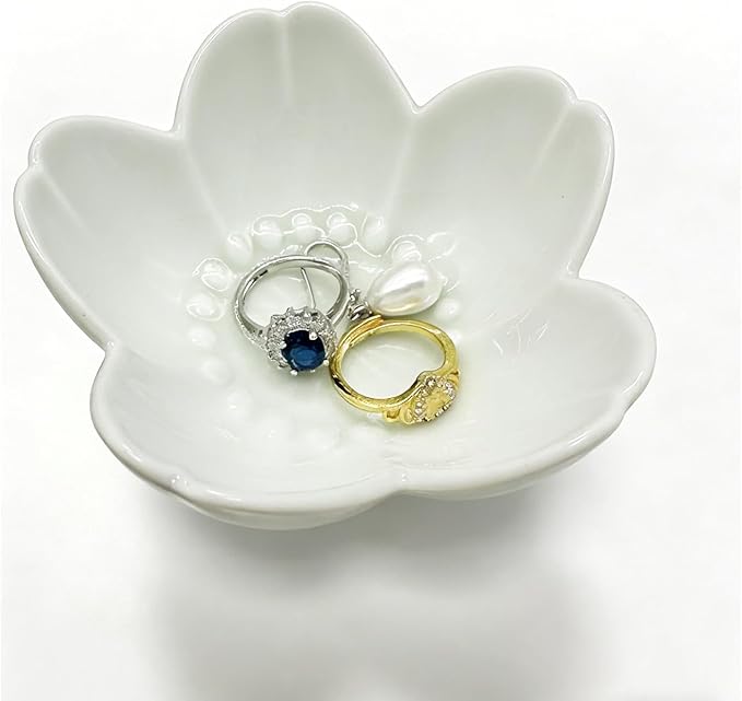 Ceramic Jewelry Dish, White Small Jewelry Bowl, Flower Ring Dsih Decorative Jewlery Tray, Cute Trinket Tray Jewelry Holder for Bathroom Nightstand, Friendship Birthday Gifts for Women Mom