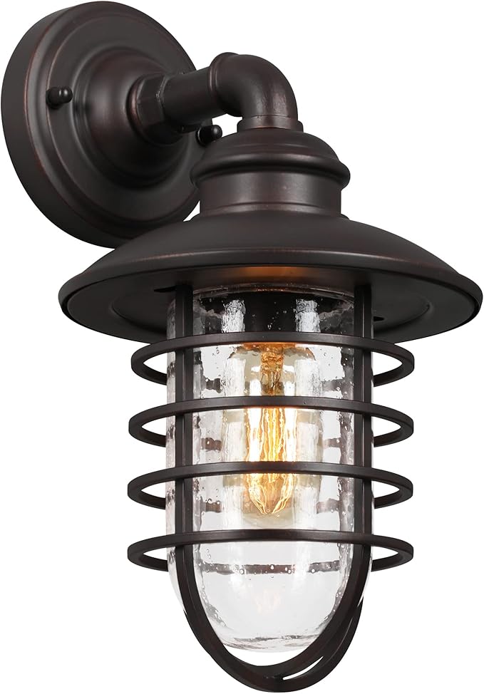 Design House 588970-BRZ Stevenson Rustic Industrial 1-Light Indoor Outdoor Dimmable Wall Light with Clear Seedy Glass and Metal Wire Shade for Kitchen Hallway Bedroom Bathroom Patio, Bronze