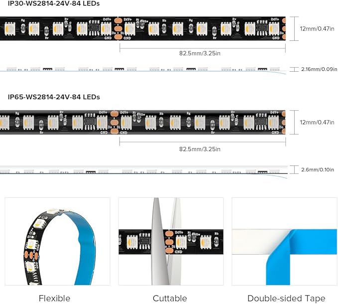 BTF-LIGHTING WS2814 IC RGBW RGB+Cool White(Similar WS2812B) Addressable DC24V 16.4FT 84LED/m 14pixel/m 4 Colors in 1 Dream Color LED Strip 12mm Width PCB IP65 for Home Decor(No Adapter or Controller)