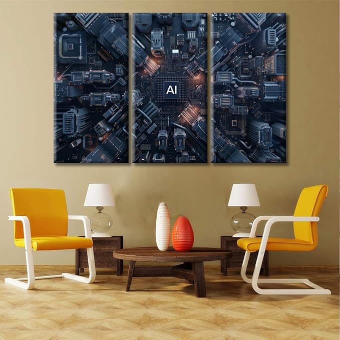 Modern CPU Card with Circuit and Colorful Lights Living Room Decor AI Canvas Prints 3 Panel Modern Wall Art Giclee Gallery-Wrapped Posters & Prints Artwork Wall Decor for Bedroom 60" Wx40 H
