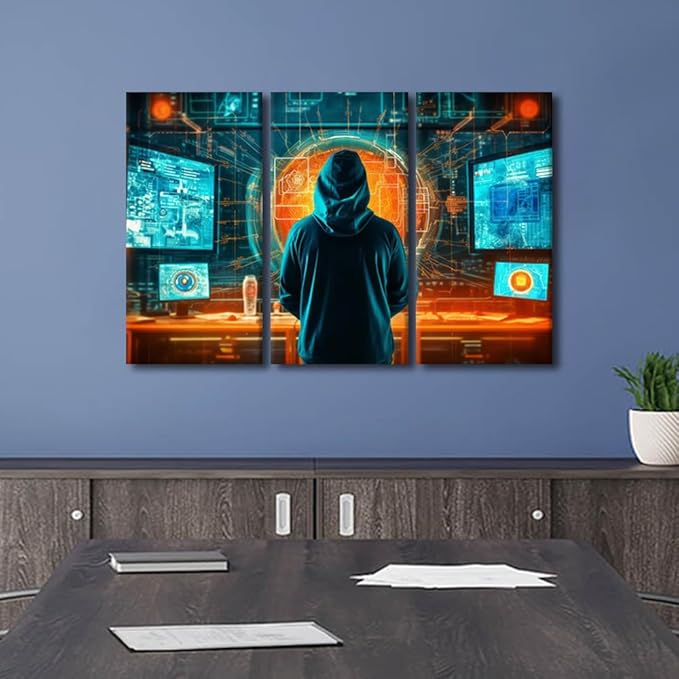TUMOVO Modern Wall Art for Living Room Multi Panel Concept of Cybersecurity, Phishing, Cybercrime Posters and Prints, Concept Wall Art for Living Room Bedroom Wall Decoration, 42" Wx28 H