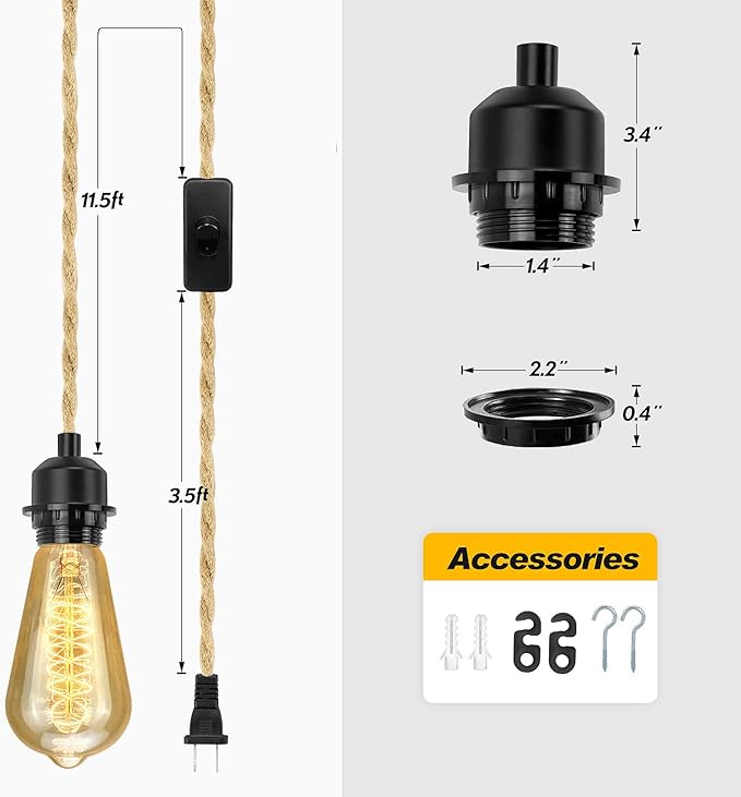 2Pack Plug in Pendant Light Cord, Farmhouse Hanging Lights with Plug in Cord, 15FT Hemp Rope Plugin Hanging Light Cord Kit with On/Off Switch, E26 E27 LightSocketCord