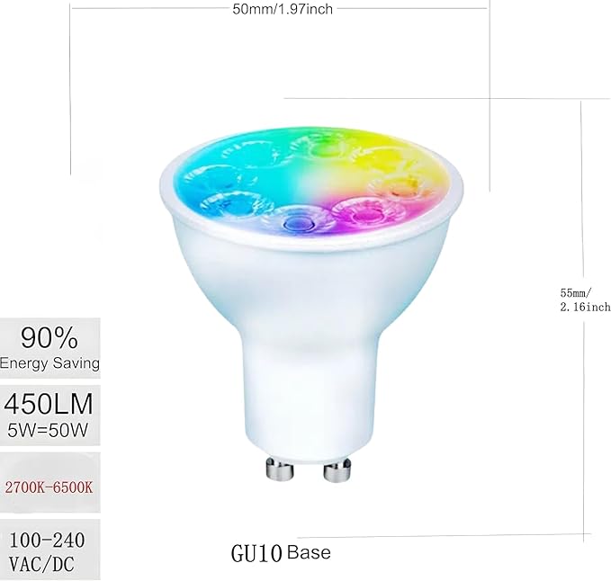 Smart Gu10 LED Bulbs Dimmable Color Changing,RGB Gu10 Bulb, WiFi & Bluetooth LED Bulb Work With Alexa Google, Adjustable 16 Million Color And Music Sync,For Living Roomn Bedroom Office Hotel Etc.4Pack