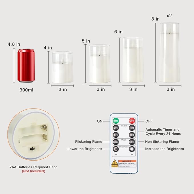 Raycare Flameless Candles Battery Operated with Remote Timer, Acrylic Flickering LED Pillar Candle for Valentine's Day, Home Decor, Gift for Family and Friend, White, Set of 5