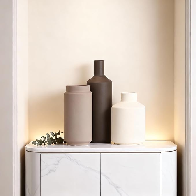 Modern 3 Piece Ceramic Vase Set - Minimalist Home Decor Vases for Living Room, Bedroom, or Entryway - Modern Neutral Table Decor for Flowers or Greenery, Shelf and Mantel Accent