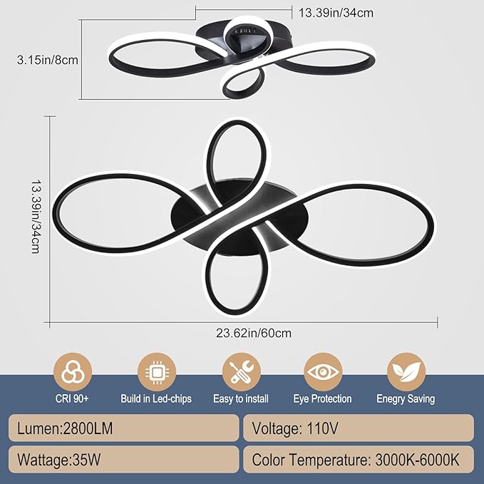 Modern LED Ceiling Light, Hallway Light Black Close to Ceiling Light for Kitchen Bedroom Balcony Bathroom Room (23.62Inch)