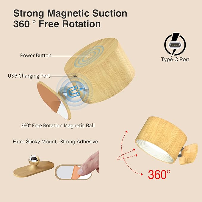 LED Wall Sconce, Wall Mounted Lamp with Rechargeable Battery Operated USB Port 3 Color Temperature & 3 Brightness Level 360°Rotate Magnetic Ball, Cordless Light for Reading Bedside-Wood