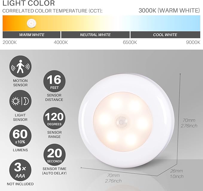 STAR-SPANGLED 6 Pack 2.8” Motion Sensor Lights Indoor AAA Battery Operated, Stick on LED Puck Light for Stairs, Under Cabinet, Closet, Warm White