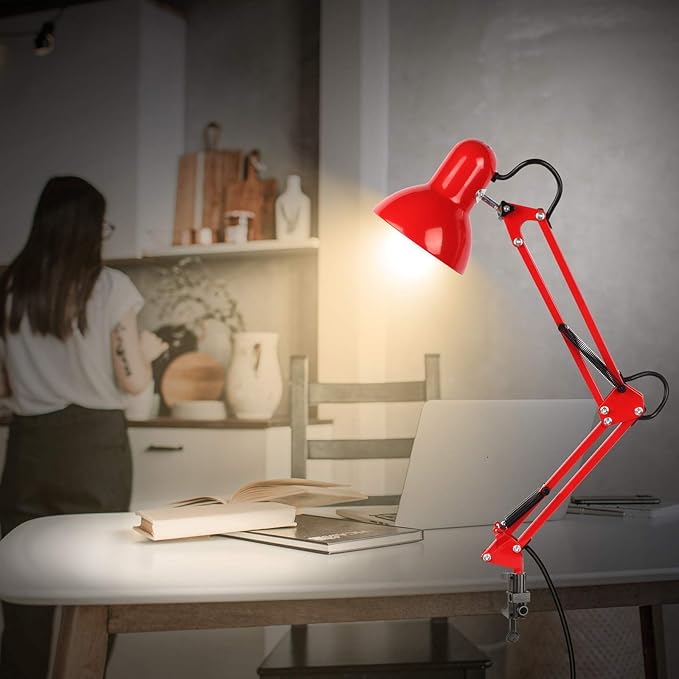 AmeriTop Metal Desk Lamp, Adjustable Swing Arm Table Lamp with Interchangeable Base Or Clamp; Eye-Caring Desk/Clip Reading Lamps for Bedroom, Study, Office (Red)