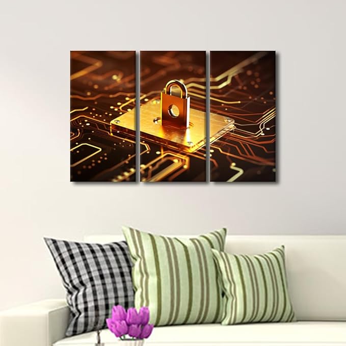 Framed Wall Art 3 Panel Canvas Wall Decor Cyber Security Concept Pictures Print on Canvas for Living Room Bedroom Decoration, Artificial Intelligence Artwork Ready to Hang, 36" Wx24 H