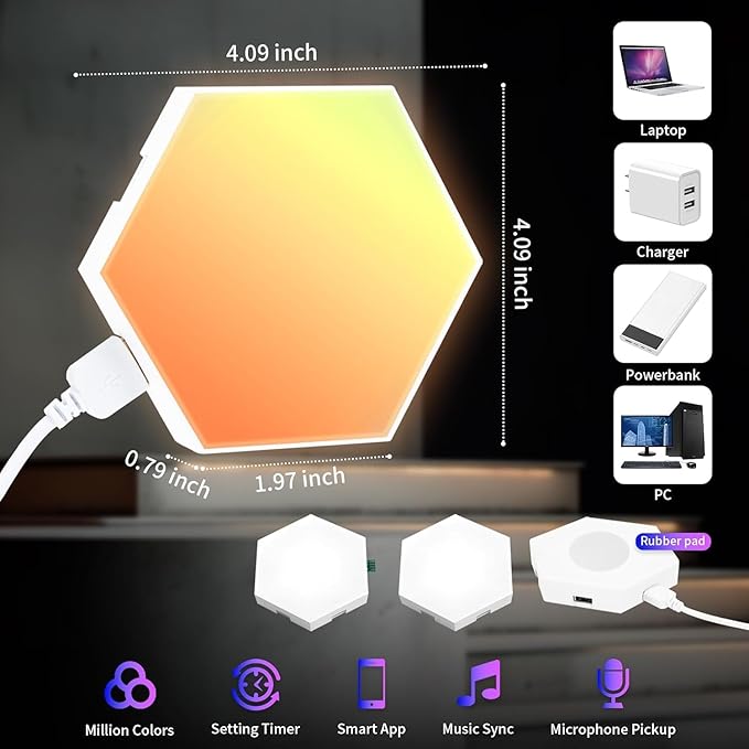 16-Pack Hexagon RGB LED Wall Lights – Modular Smart Light Panels with App & Remote Control, Music Sync & Dynamic Effects – DIY Gaming Room, Bedroom & Home Decor Lighting