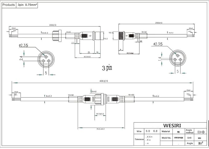 5Pairs 3pin Black Electrical Connector LED Connector for LED Lights 20cm Extension Cable 40cm/Pair 0.75mm² 22mm Nut