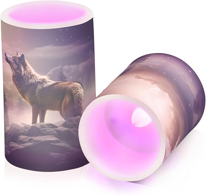 YETTASBIN Wolf Flameless Candles with Remote Control and Timer, Adjustable Brightness Long Lasting Battery Operated LED Pillar Candles for Indoor Outdoor Party Home Decor, 2 Pack