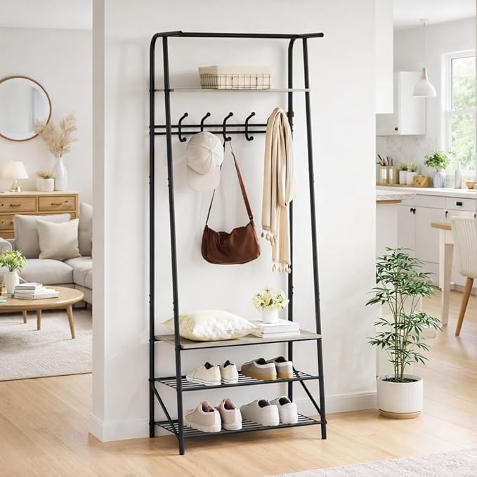 Hall Tree, Entryway Hall Tree with Shoe Rack, Coat Rack with Shoe Rack and Hooks, 25” Freestanding Metal Entryway Organizer with 4-Tier Storage Shelves for Hallway, Bathroom, Small Spaces