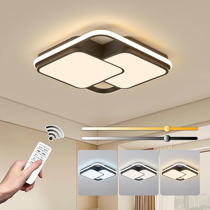 Modern LED Ceiling Light Fixture, 15.7in Dimmable Black Square Flush Mount Ceiling Lights with Remote, Bedroom Ceiling Lamp LED Chandelier for Living Room Kitchen Hallway Laundry, 60W