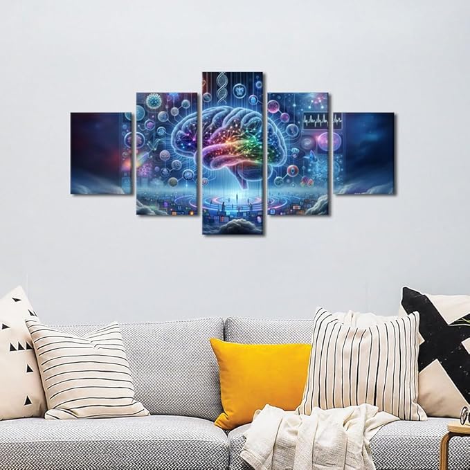 5 Panel Wall Art for Living Room Digital Brain Canvas Wall Art for Bedroom Artificial Intelligence Picture for House Wall Decor Human Brain Posters for Room Neural Network Prints Wall Decor 60"Wx32"H