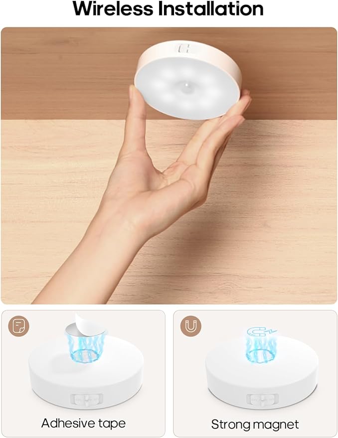 Motion Sensor Night Light, Battery Operated Puck Lights with Remote, Dimmable Warm White Night Light, 3000K Soft Light for Bathroom, Bedroom, Hallway