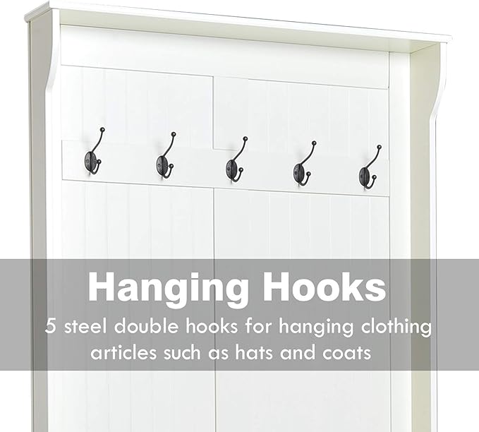 HOMCOM Hall Tree with Bench and Shoe Storage, 3-In-1 Entryway Bench with Coat Rack, 5 Hooks and Flip Top Storage Compartment, Cream White