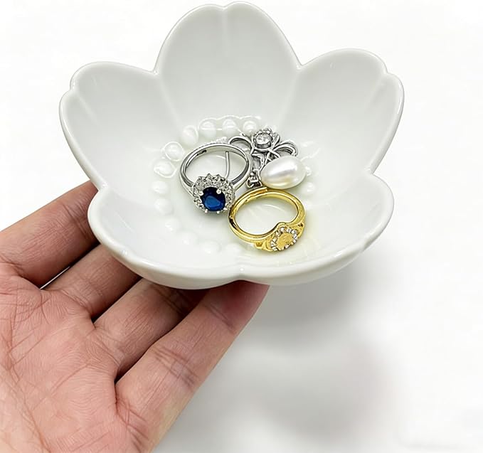 Ceramic Jewelry Dish, White Small Jewelry Bowl, Flower Ring Dsih Decorative Jewlery Tray, Cute Trinket Tray Jewelry Holder for Bathroom Nightstand, Friendship Birthday Gifts for Women Mom